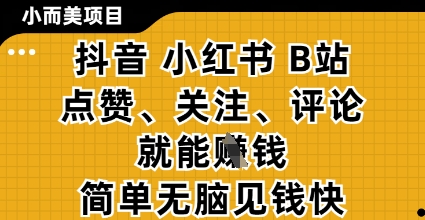 小而美的項目，抖音小紅書B站視頻點贊、關注、評論就能掙錢，簡單無腦立見收益，妥妥的零擼項目【揭秘】-小浪學習網
