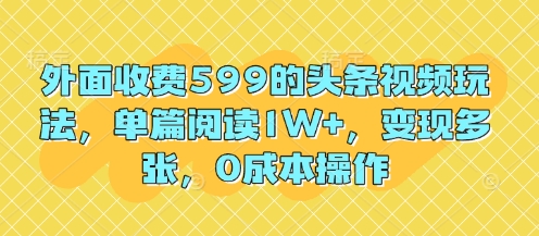 外面收費599的頭條視頻玩法，單篇閱讀1W+，變現多張，0成本操作-小浪學習網